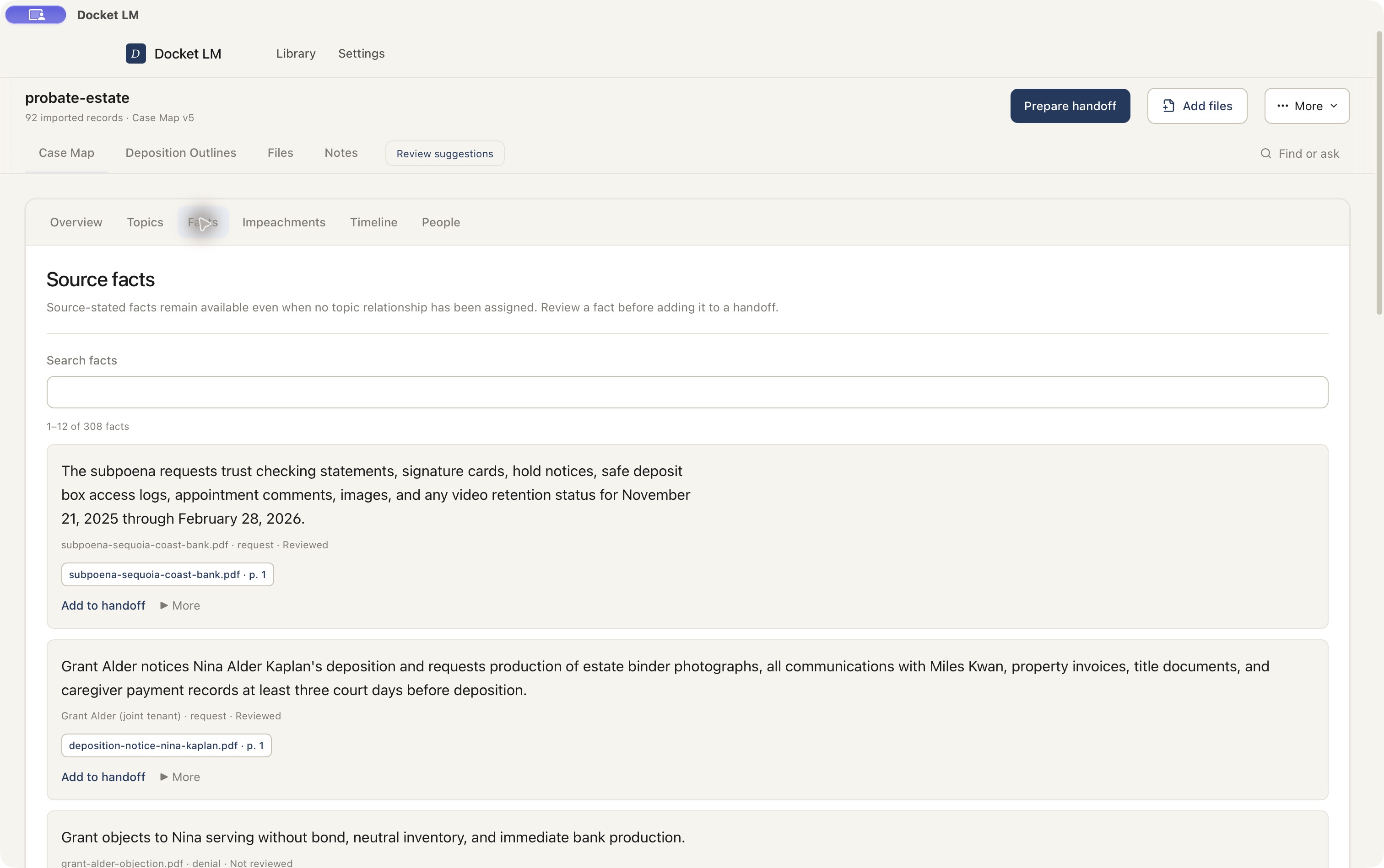 The Facts view displays individual source accounts with their original citations, source status, and lawyer review controls.