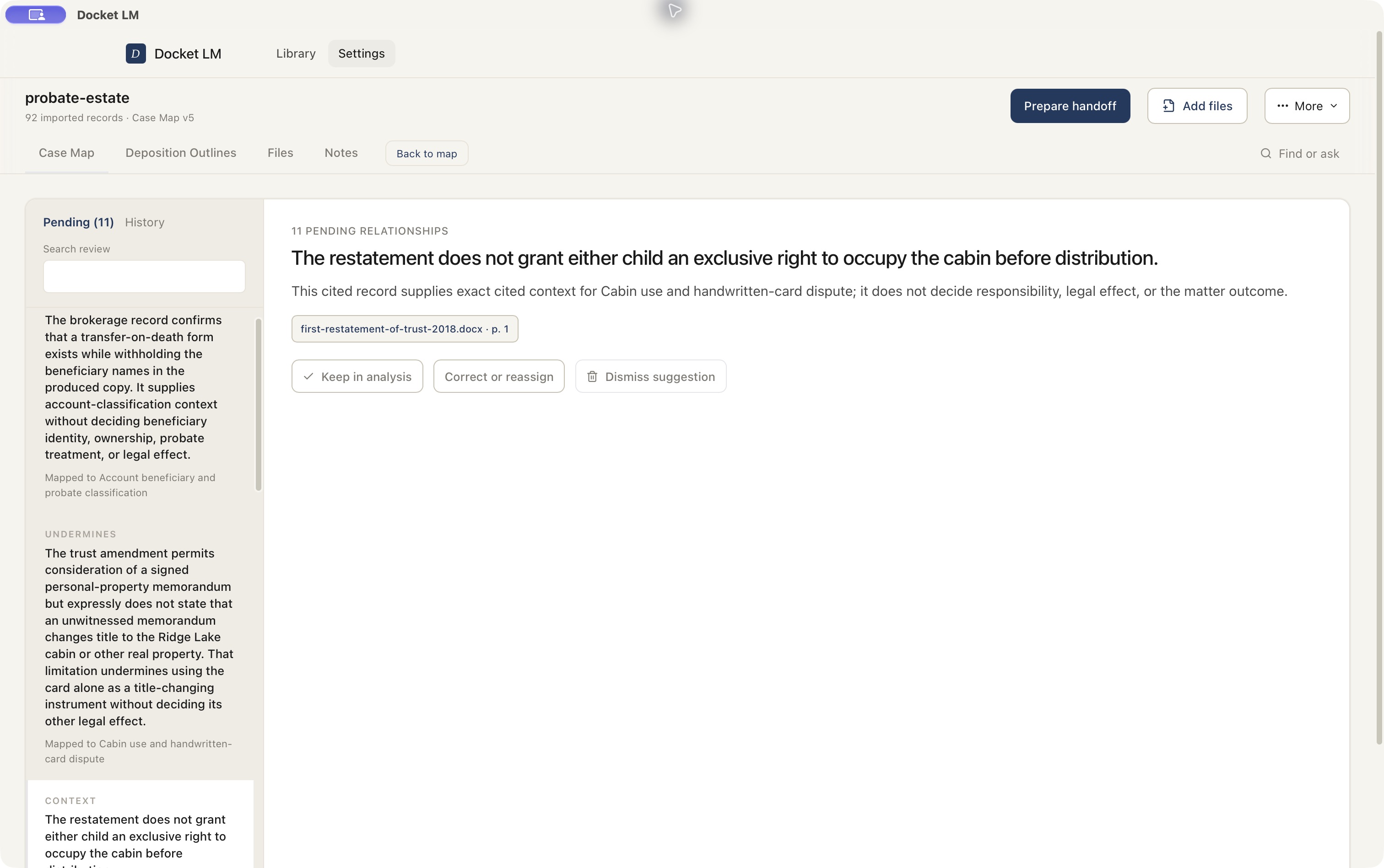 Review suggestions offers cited context for a Case Map topic, with Keep in analysis, Correct or reassign, and Dismiss suggestion controls.