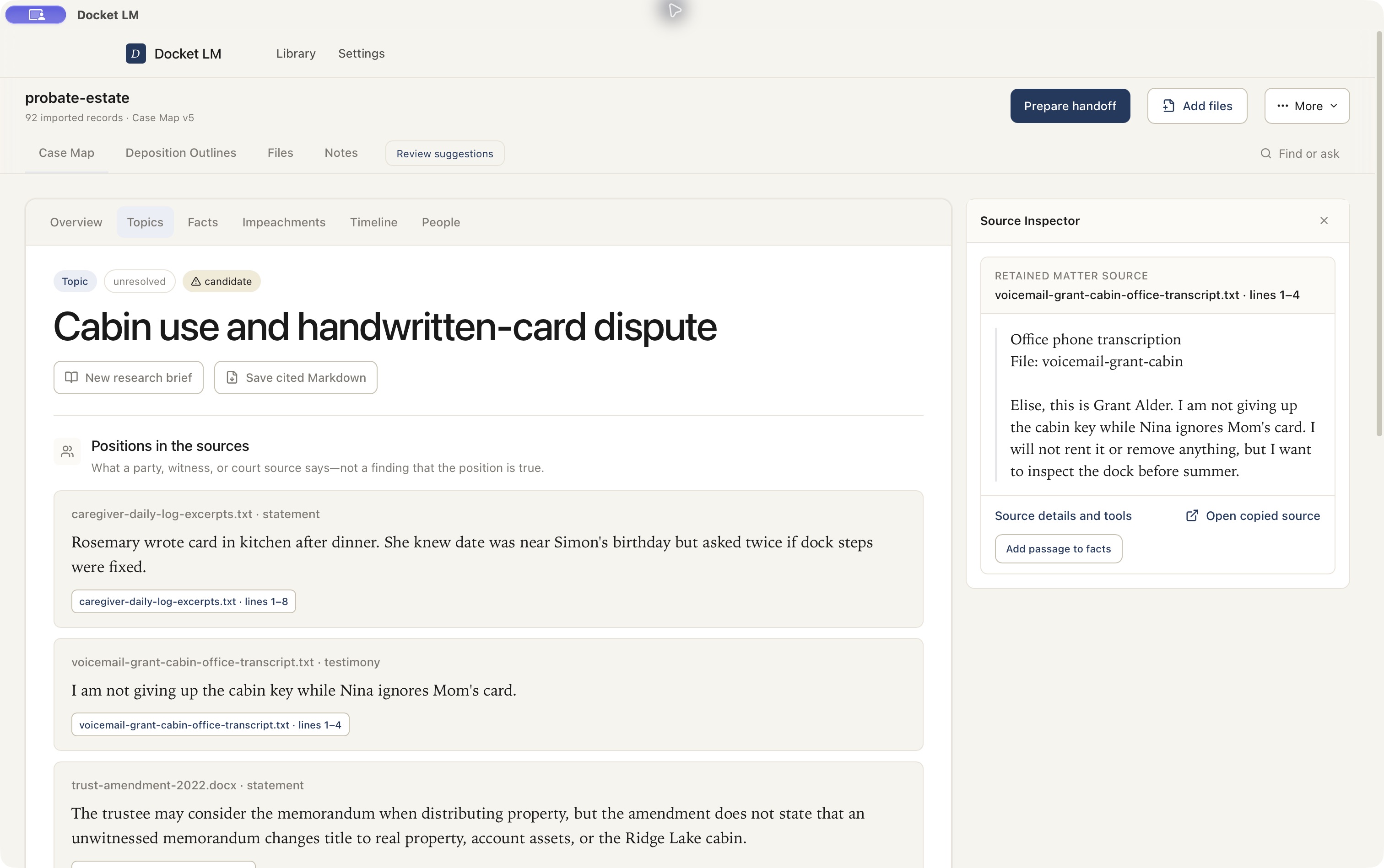 A close view of the Source Inspector shows the filename, line citation, and complete short voicemail transcript from the fictional demo matter.