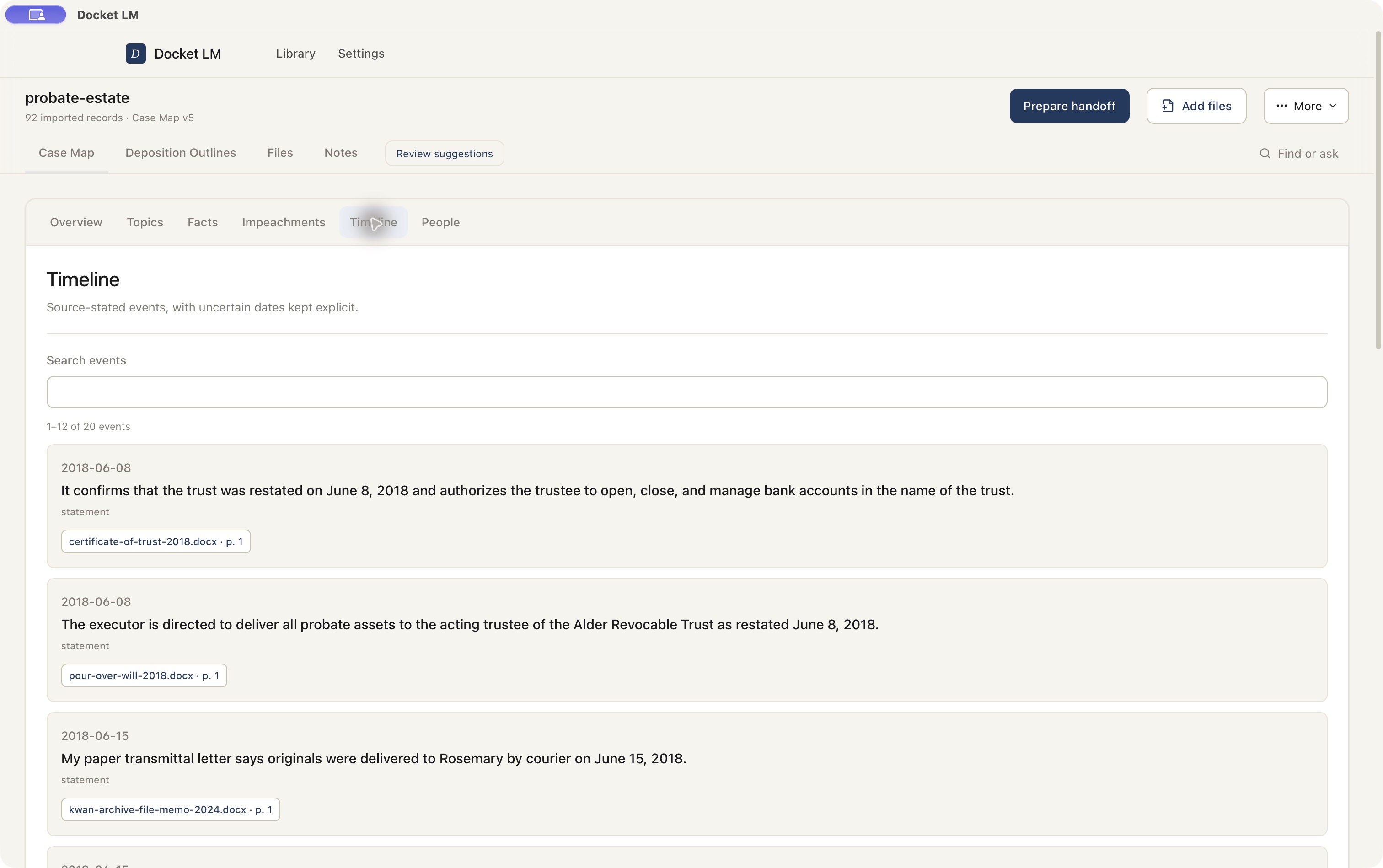 The Timeline view presents dated source accounts with citations, retaining the original wording and source status.